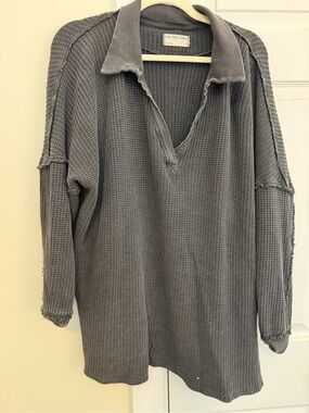 We The Free FREE PEOPLE Charcoal Waffle Knit Collared Pullover